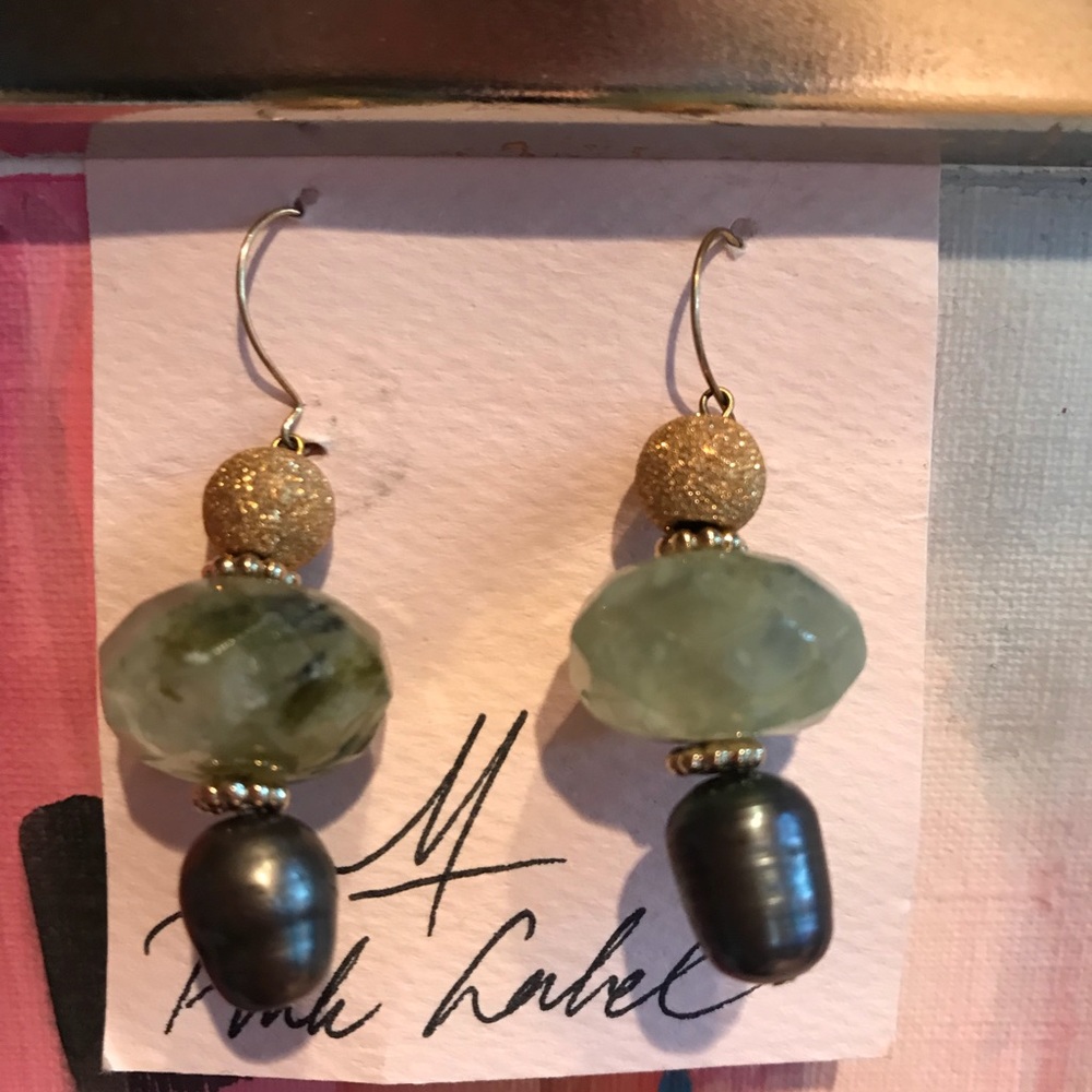 Green Tourmaline and platinum pearl gold  earrings